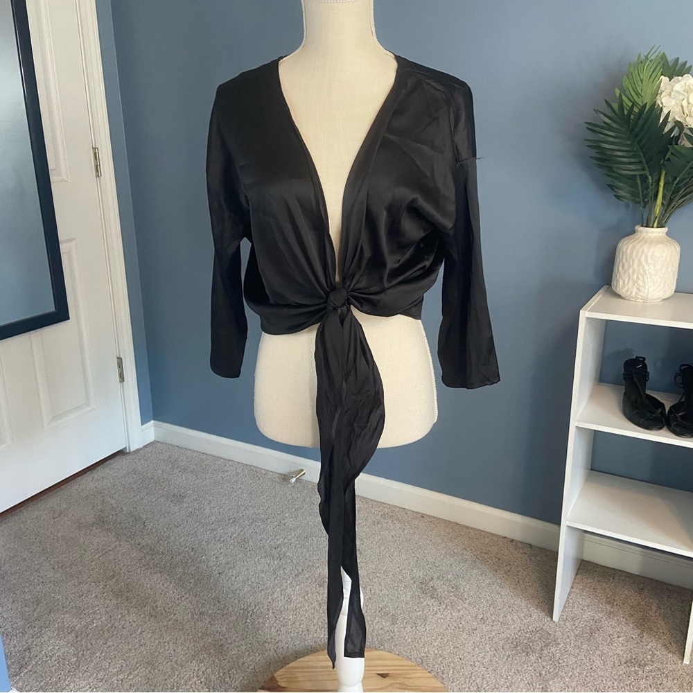Urban Outfitters Black Satin Tie Front Blouse
